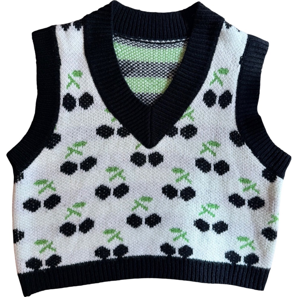 Blackberry Print Knit Sweater Vest V-Neck Sleeveless Cropped White Black Small